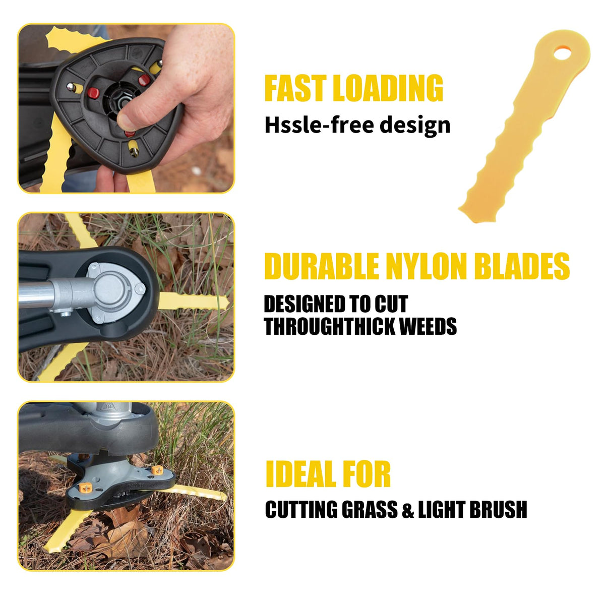 ORAEVY PA6 nylon blades offer durable cutting for heavy weeds.
