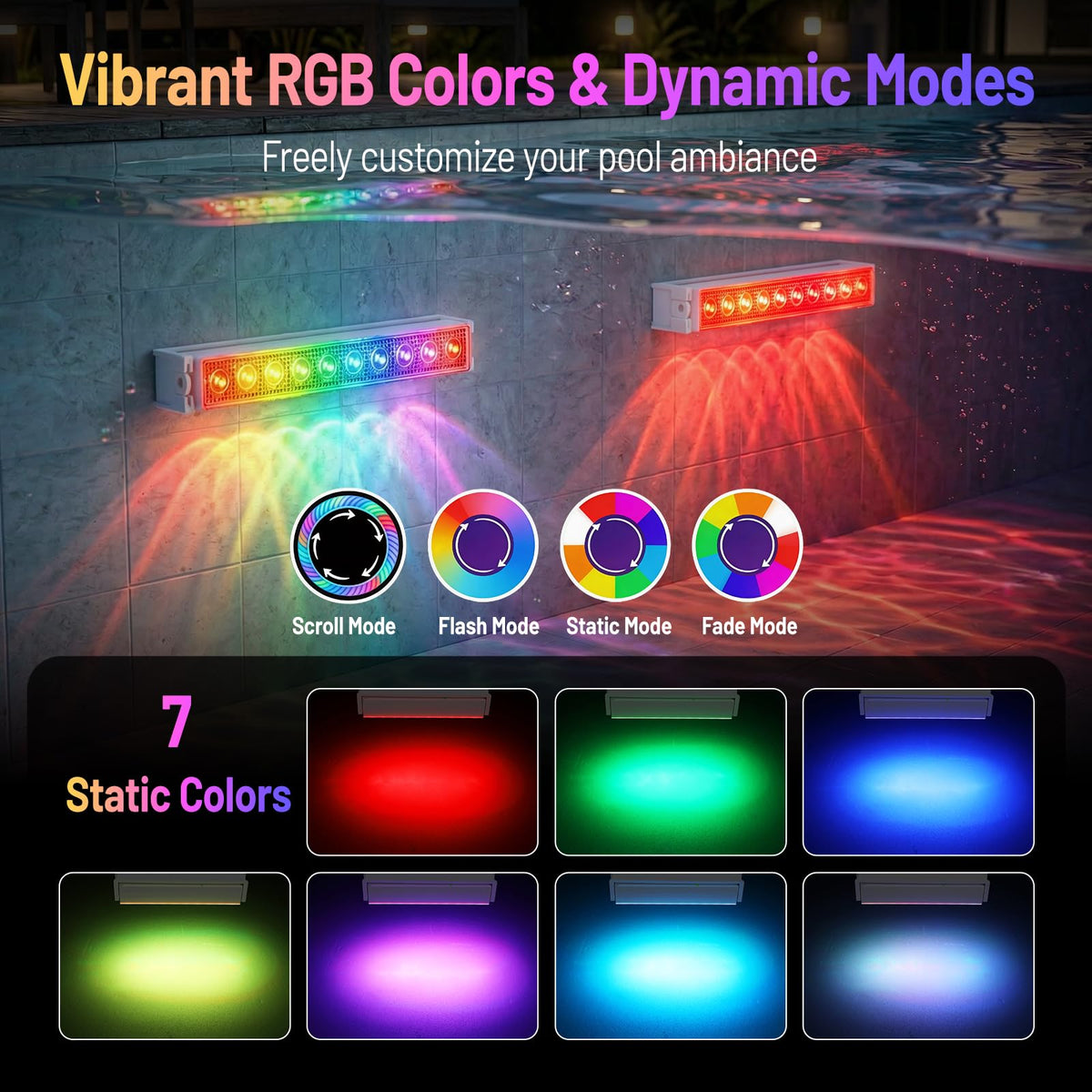 Orbecco LED pool light with 13 modes creates dynamic ambiance.