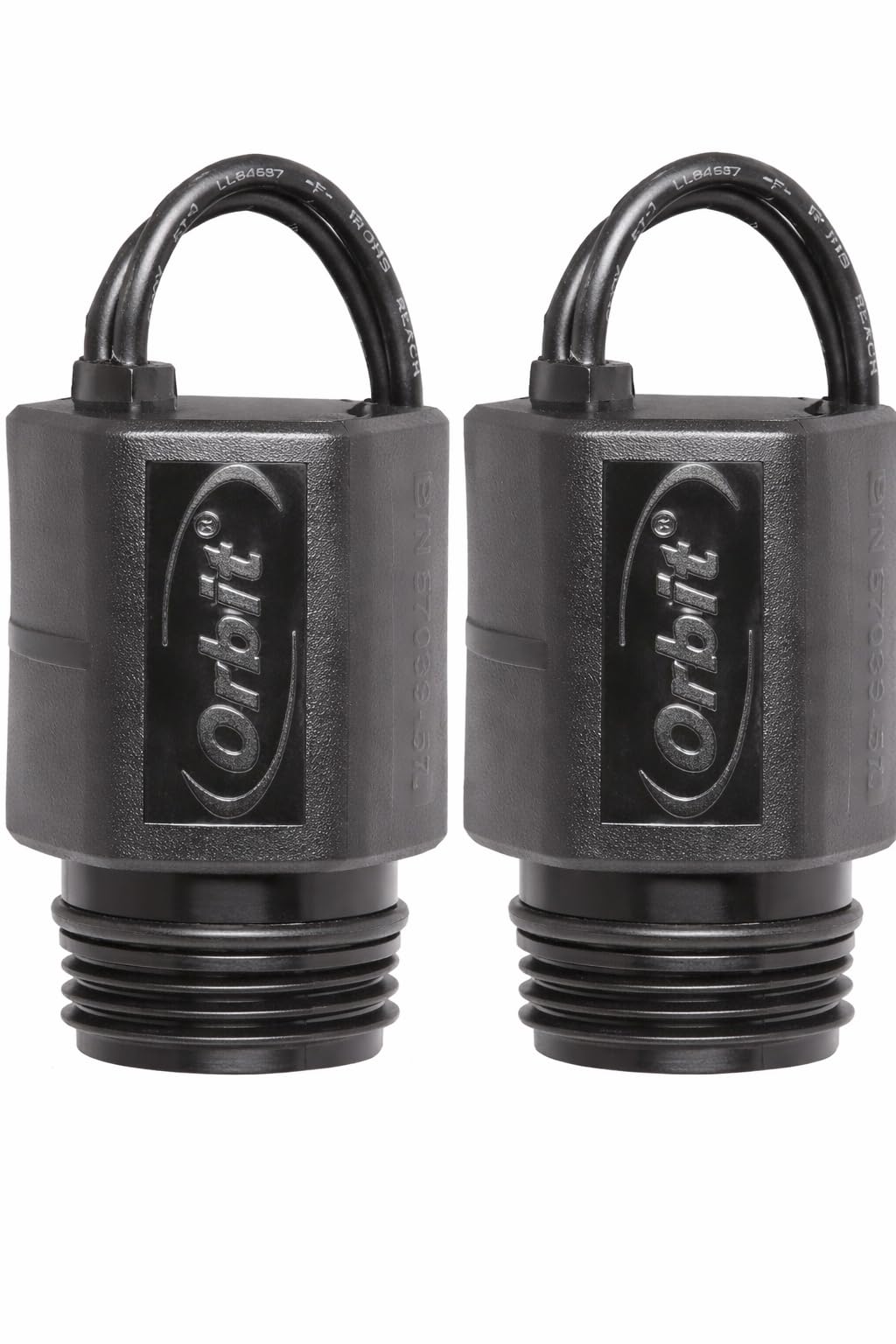 Orbit 24V solenoid exterior shot shows rugged weatherproof casing for outdoor irrigation.