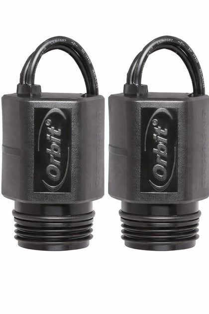 Orbit 24V solenoid exterior shot shows rugged weatherproof casing for outdoor irrigation.