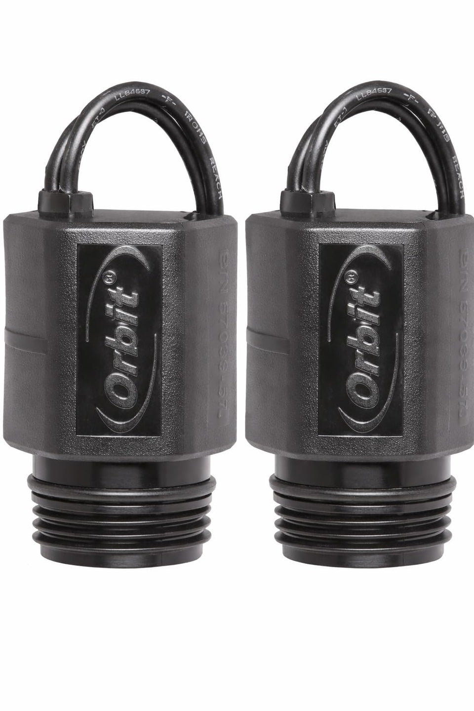 Orbit 24V solenoid exterior shot shows rugged weatherproof casing for outdoor irrigation.