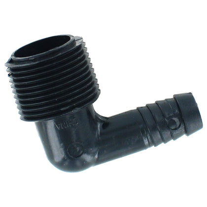 Orbit 3/4in barb elbow adapter enables quick sprinkler head positioning.