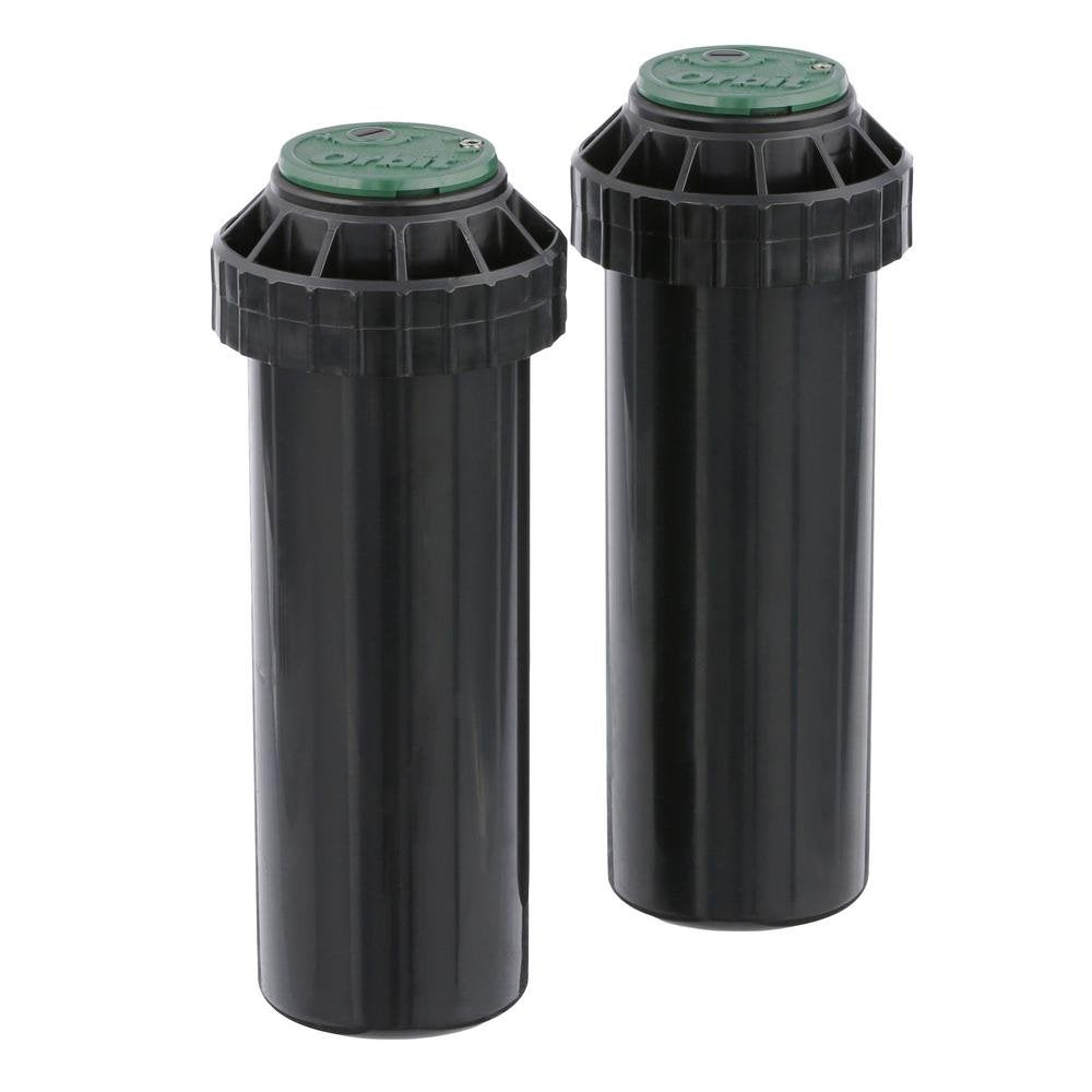 Orbit 3 Pack sprinkler head close-up shows adjustable radius for tailored lawn coverage.