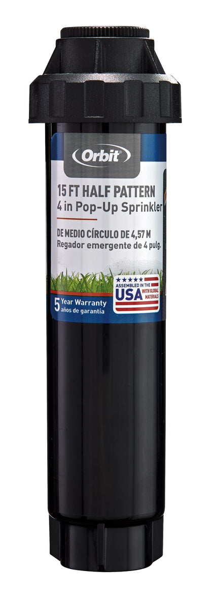 Orbit 3-pack four-inch pop-up sprinkler with half-pattern nozzle for efficient lawn coverage.