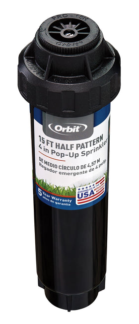 Orbit four-inch pop-up sprinkler with riser spring showcases durable stainless steel construction.