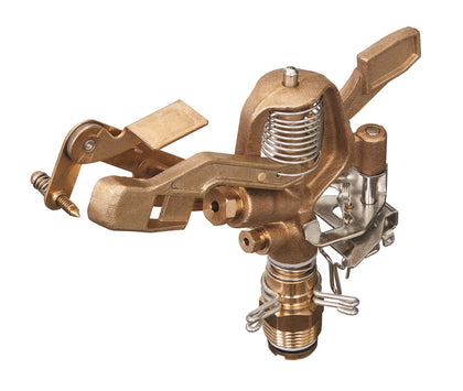 Orbit 55016 brass impact sprinkler head with dual nozzles for near and far coverage.