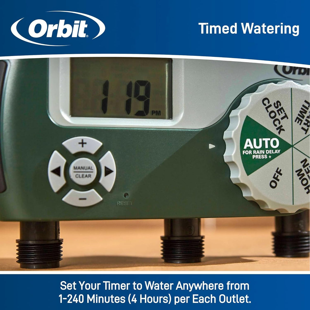 Orbit 56082 rain delay feature lets you skip cycles after rain.