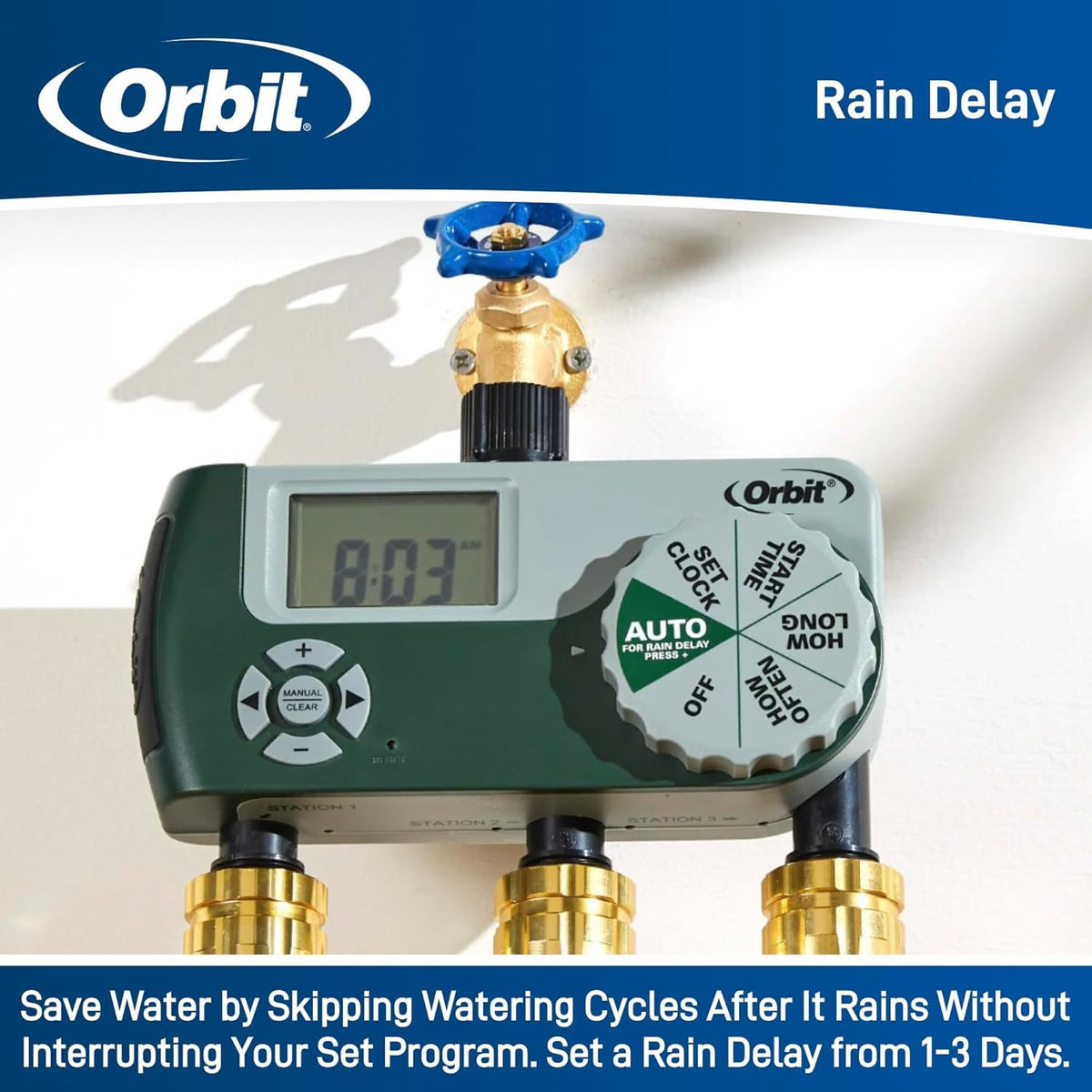 Orbit 56082 weather resistant construction suitable for outdoor use.