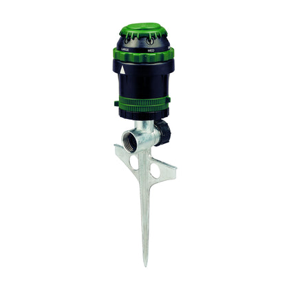Orbit 58573N H2O-6 gear drive sprinkler six-patterns for versatile lawn irrigation.