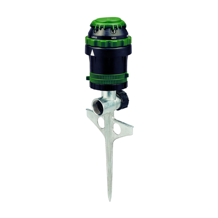 Orbit 58573N H2O-6 gear drive sprinkler six-patterns for versatile lawn irrigation.