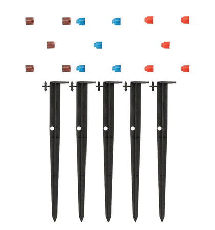 Orbit 65140 micro-sprinkler on a 12-inch stake with adjustable spray for garden irrigation.