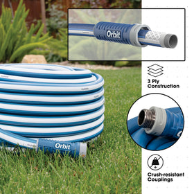 Orbit hose with anodized aluminum couplings for quick, secure connections.