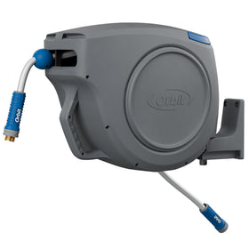 Orbit auto-retractable hose reel with 100 ft hose for tangle-free watering.