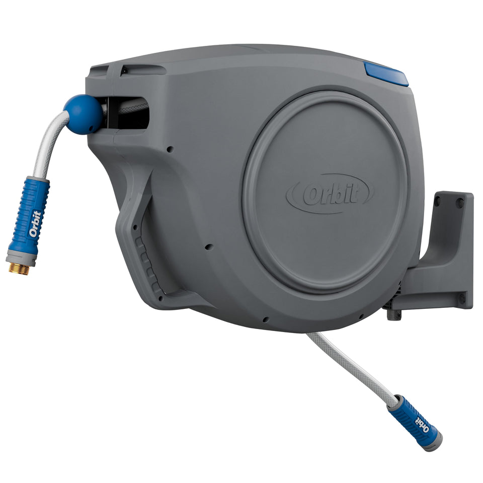 Orbit auto-retractable hose reel with 100 ft hose for tangle-free watering.