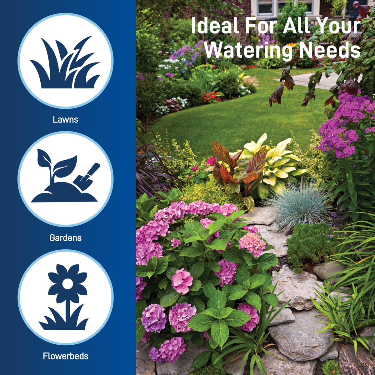 Orbit sprinkler heads distribute water evenly to minimize dry patches.