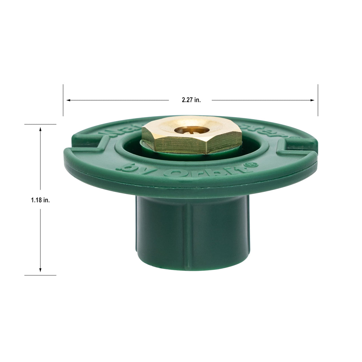 Orbit brass flush nozzle with flow adjustment screw for precise watering control.