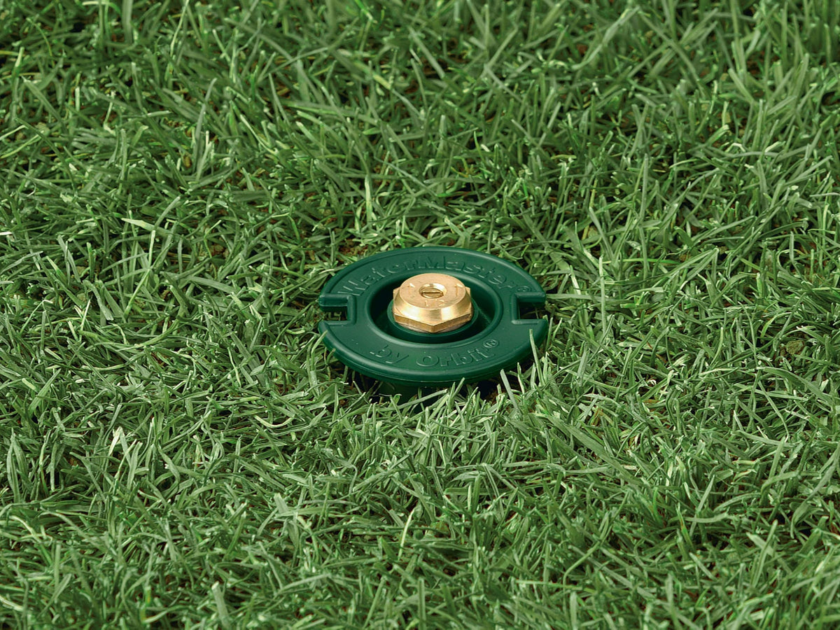 Orbit brass quarter-pattern spray delivers even coverage for garden beds