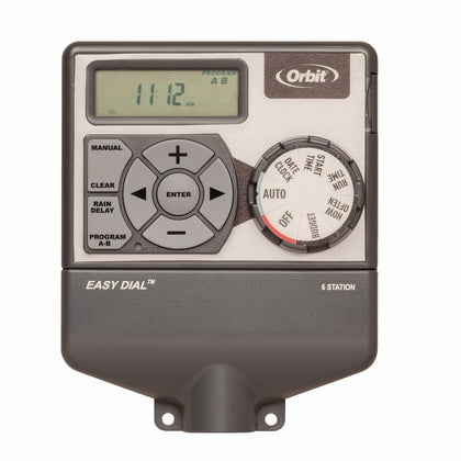 Orbit Easy Dial 6-Station controller front view shows simple indoor irrigation control and scheduling