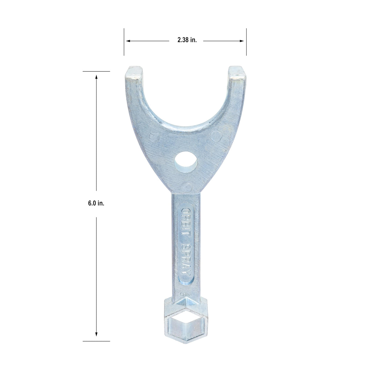 Orbit flush head wrench with two-prong end for easy head threading.