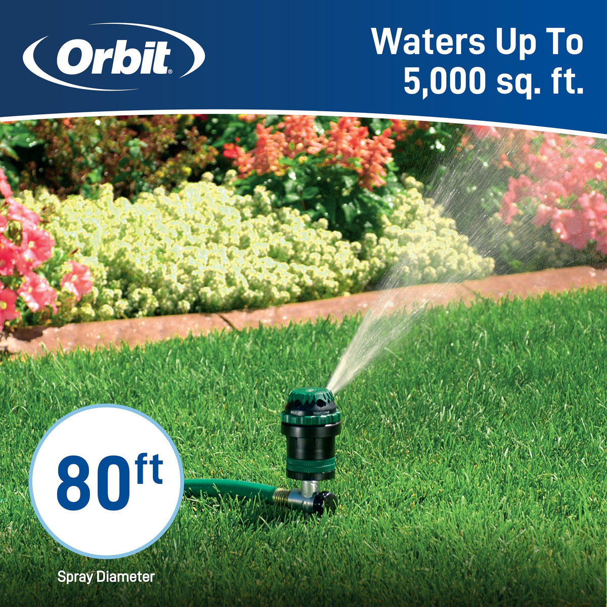 Orbit gear-drive sprinkler demonstrates 360-degree coverage across a yard.