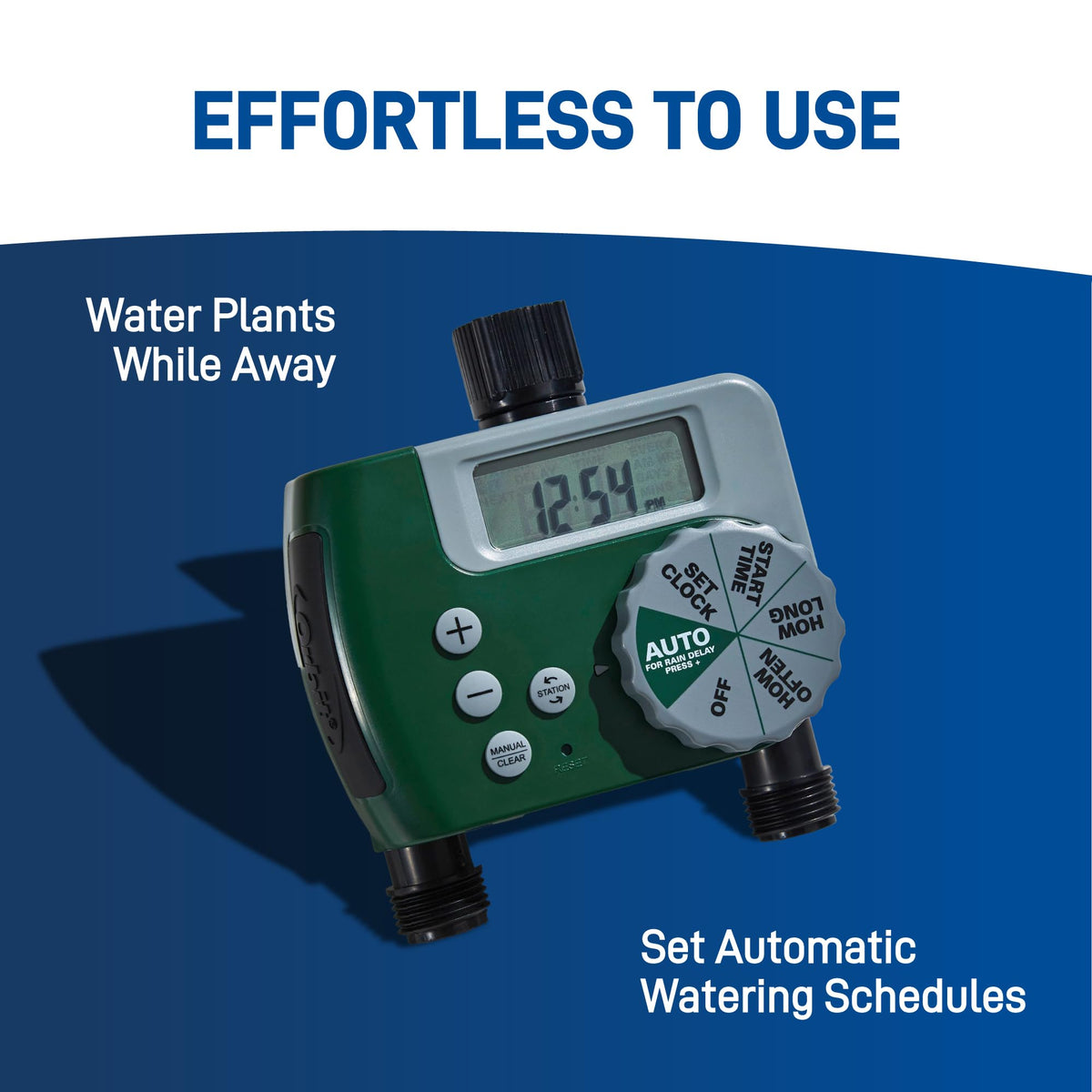 Orbit gear-drive sprinkler heads provide dependable head-to-head coverage for large areas.
