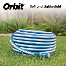 Orbit heavy-duty hose extended to 100 feet for long reach.