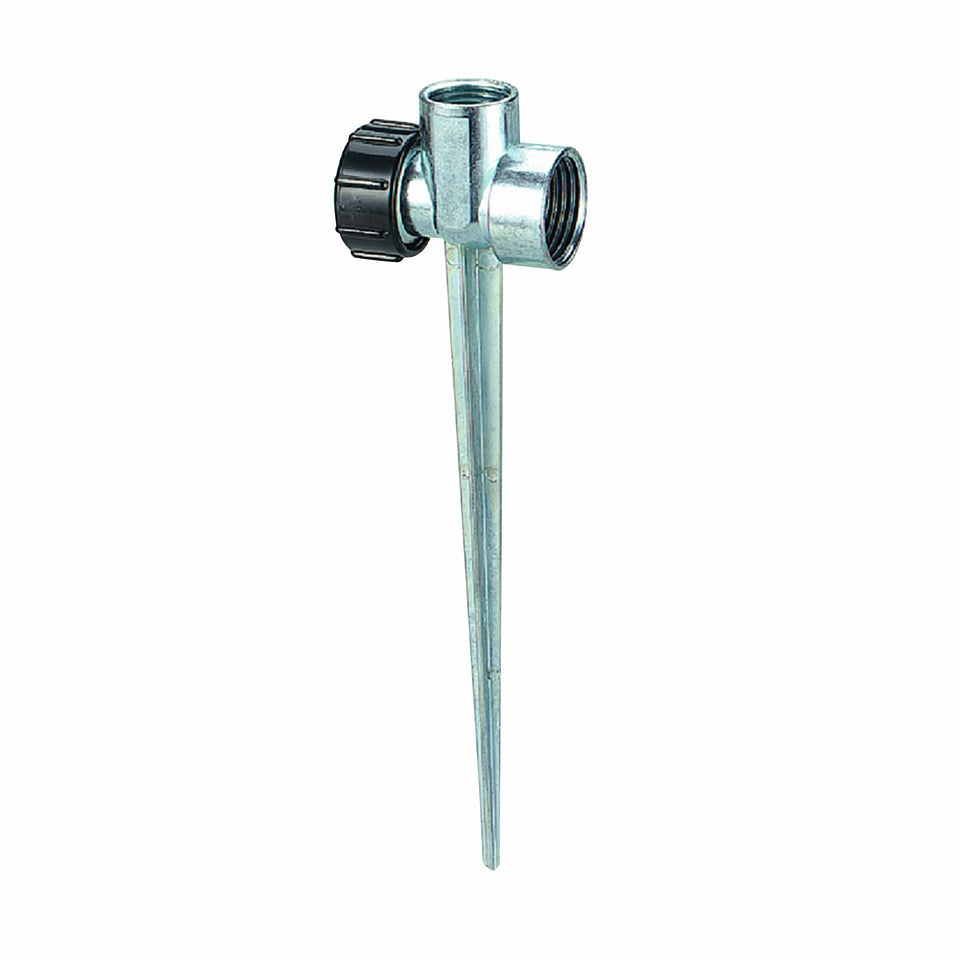 Orbit metal flow-thru lawn sprinkler spike base for easy adjustable watering in turf.