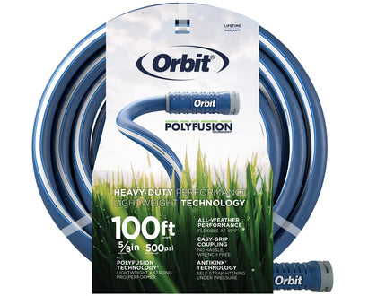 Orbit Polyfusion hose coil shows flexible, tangle-free storage for easy watering.