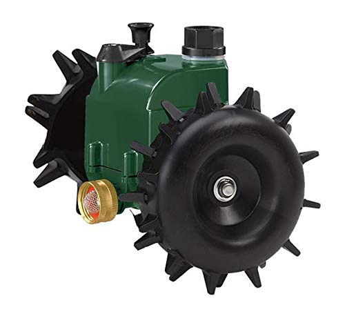 Orbit traveling sprinkler back wheels for smooth movement.