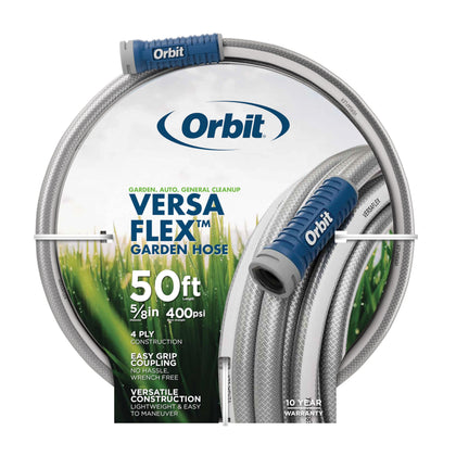Orbit VersaFlex garden hose coiled for compact storage and easy maneuverability.
