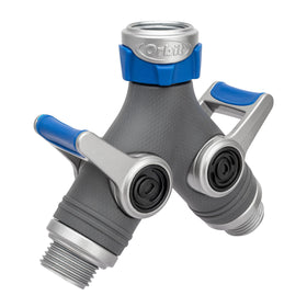 Orbit XL 2-Way Splitter with dual valves for independent watering tasks.