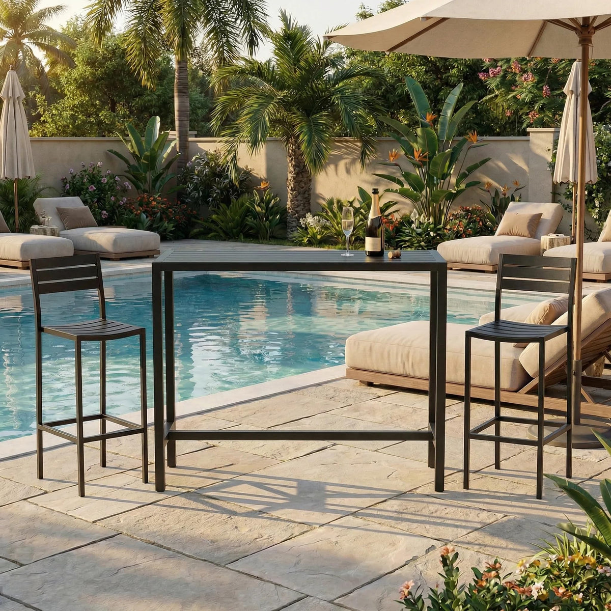 Orbotots outdoor bar table used as a dining area by the patio