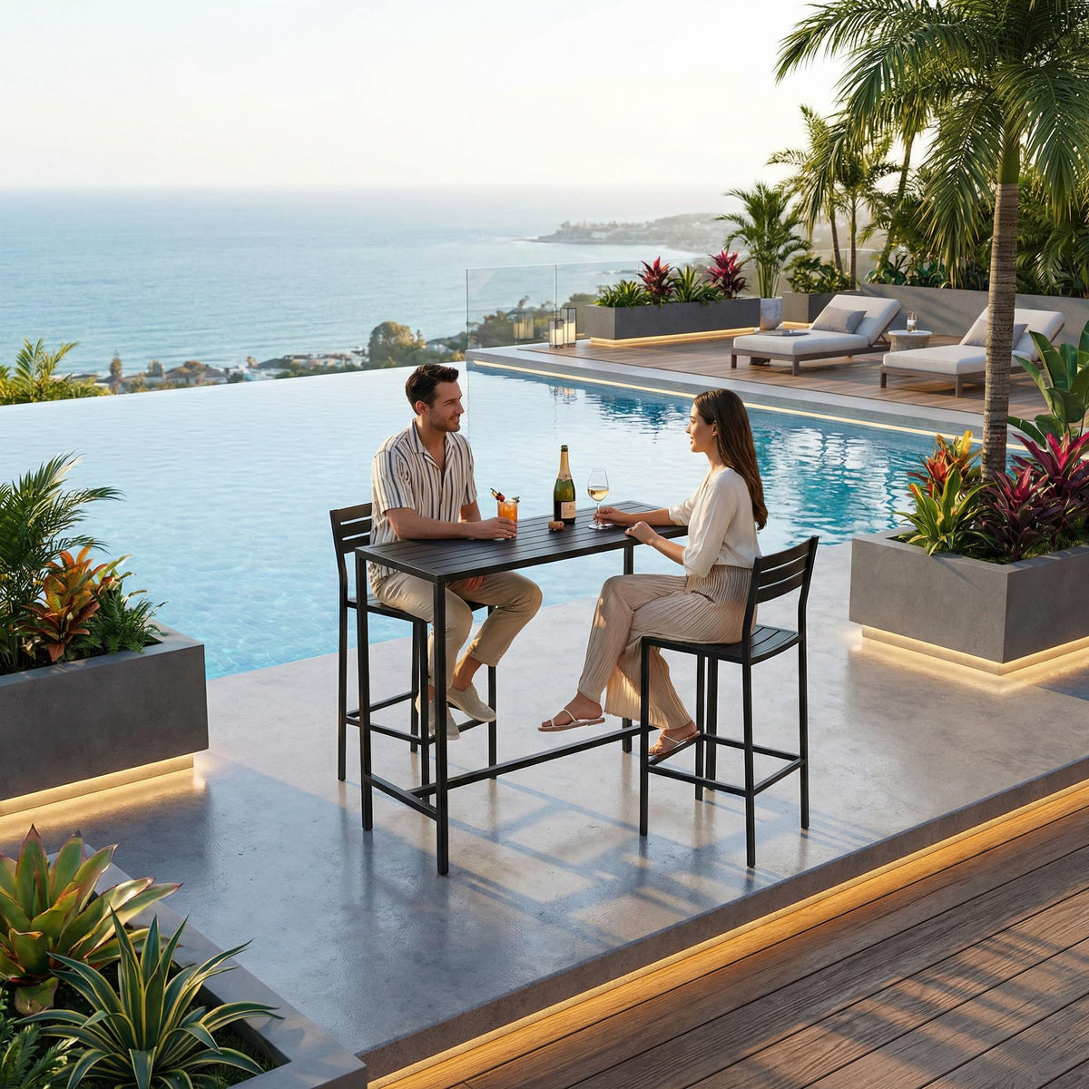 Orbotots bar table next to a hot tub area for social gatherings