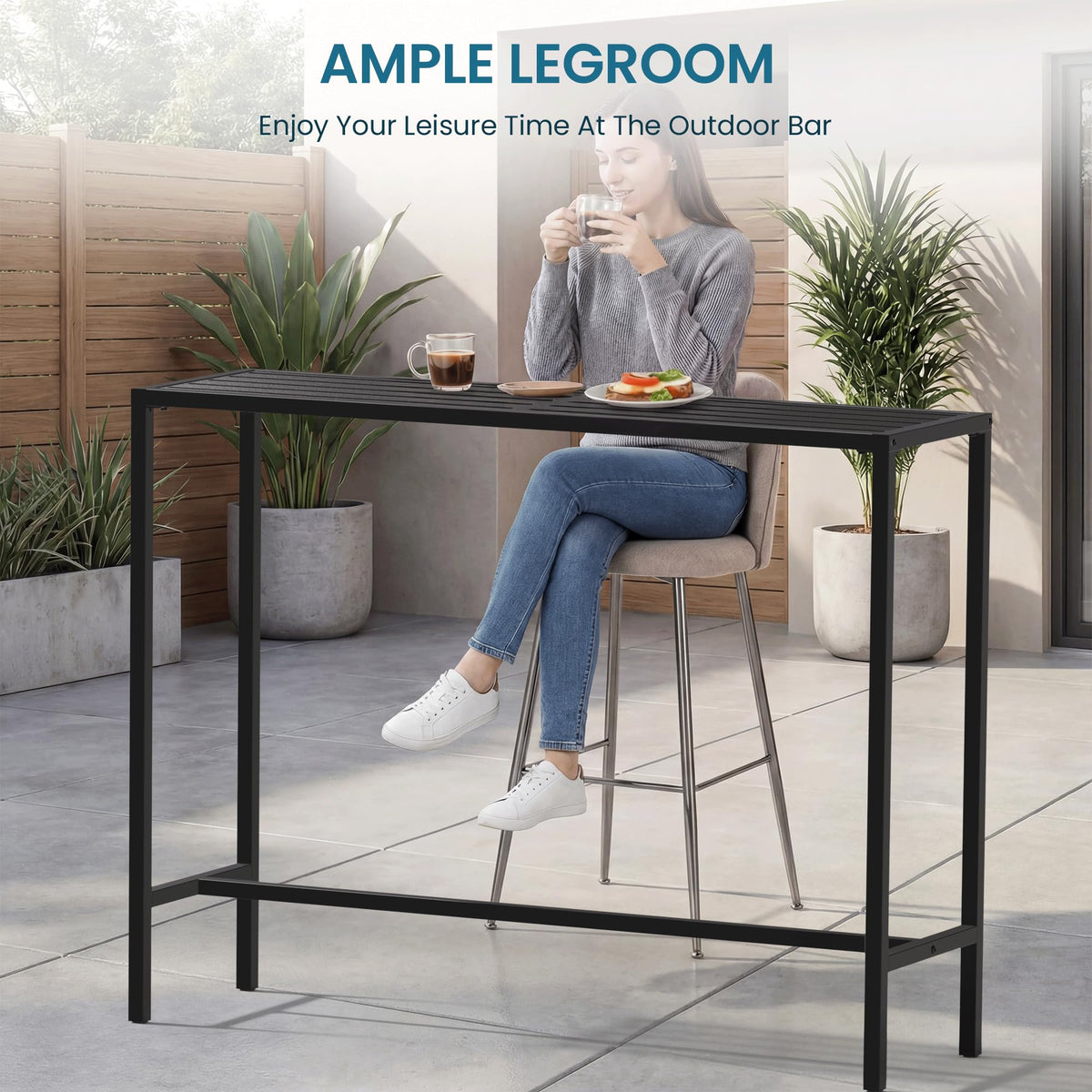 Orbotots 45in bar table showcasing UV and fade resistance outdoors
