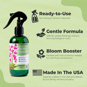 PERFECT PLANTS Orchid Fertilizer Mist boosts blooms and color.
