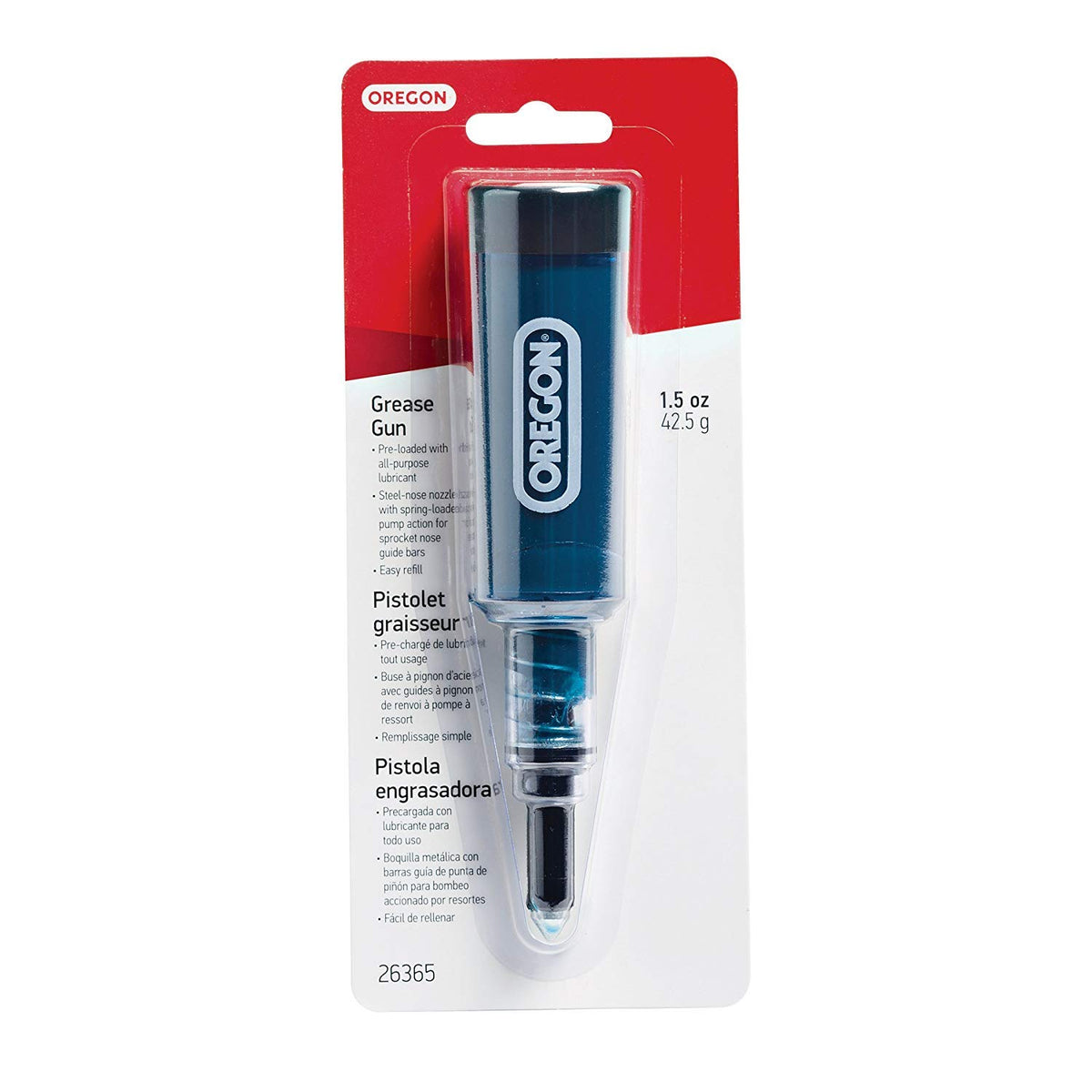 Oregon 26365 grease gun nozzle closeup improves control for targeted lubrication.