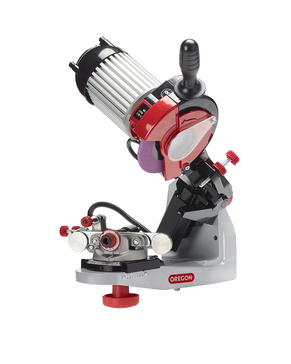 Oregon 620-120 bench grinder with hydraulic clamp for effortless chain sharpening.