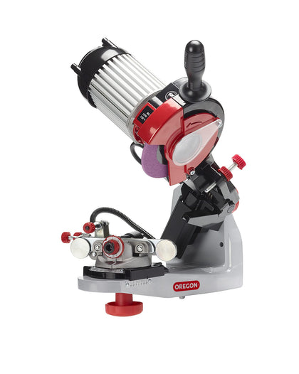 Oregon 620-120 bench grinder with hydraulic clamp for effortless chain sharpening.