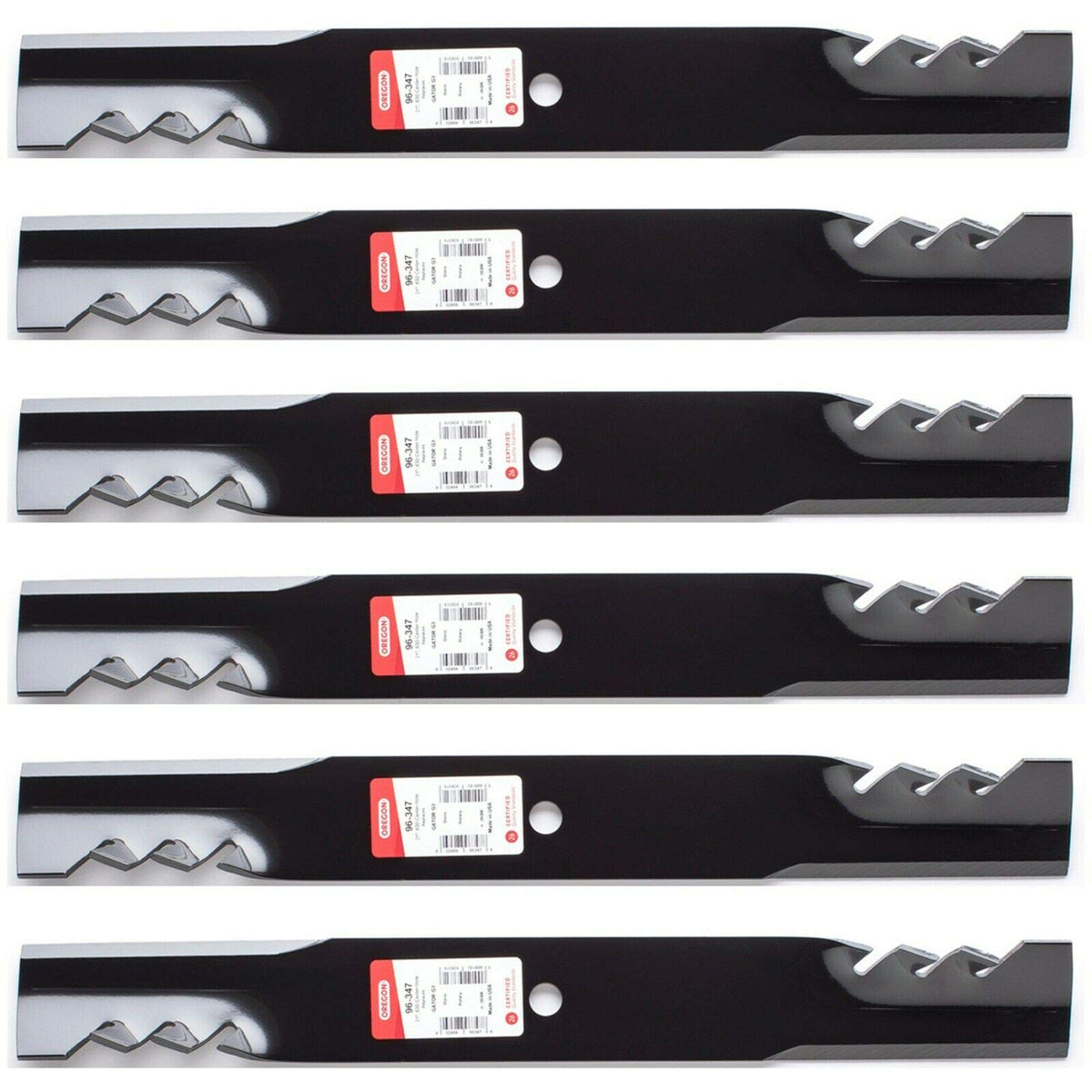 Oregon 6PK USA mower blades for Scag 61-inch, front view, precision mulching performance