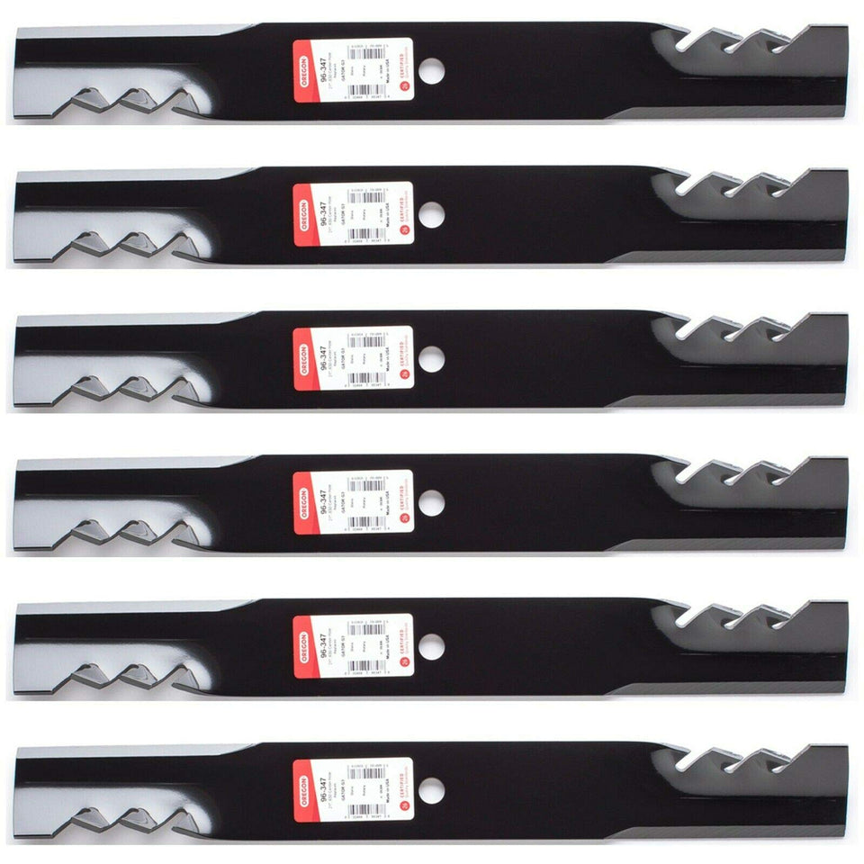 Oregon 6PK USA mower blades for Scag 61-inch, front view, precision mulching performance