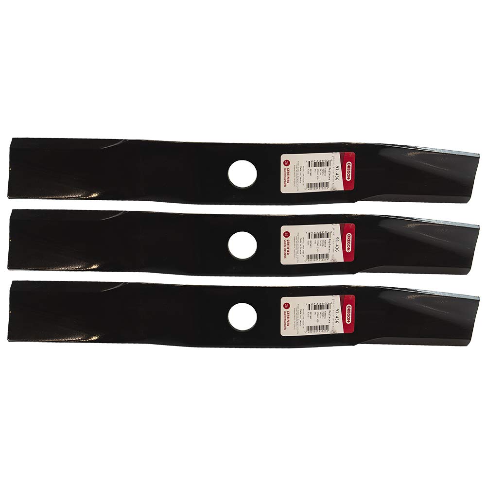 Oregon 91-436 three-pack mower blades closeup for Kubota with precise cuts.