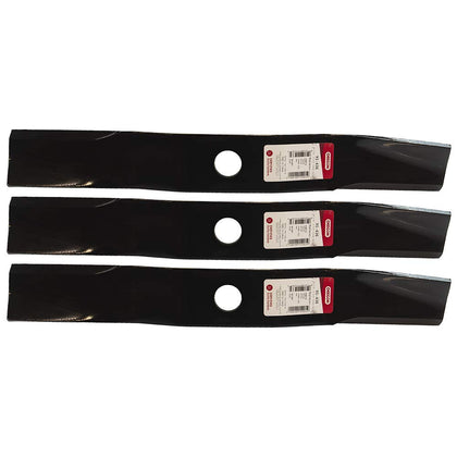 Oregon 91-436 three-pack mower blades closeup for Kubota with precise cuts.