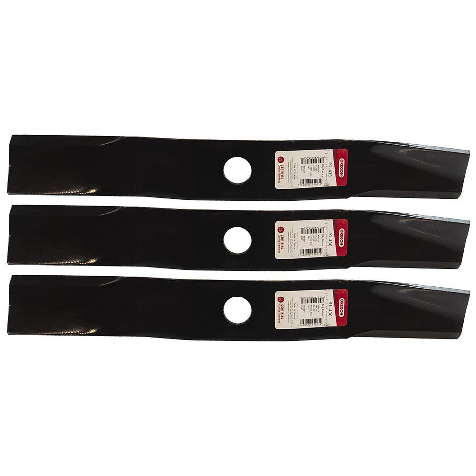Oregon 91-436 three-pack mower blades closeup for Kubota with precise cuts.