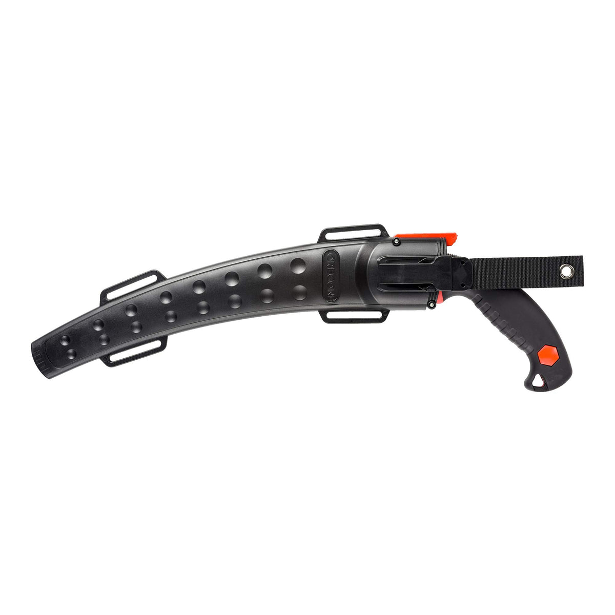 Oregon curved saw with scabbard and strap ready for field use.