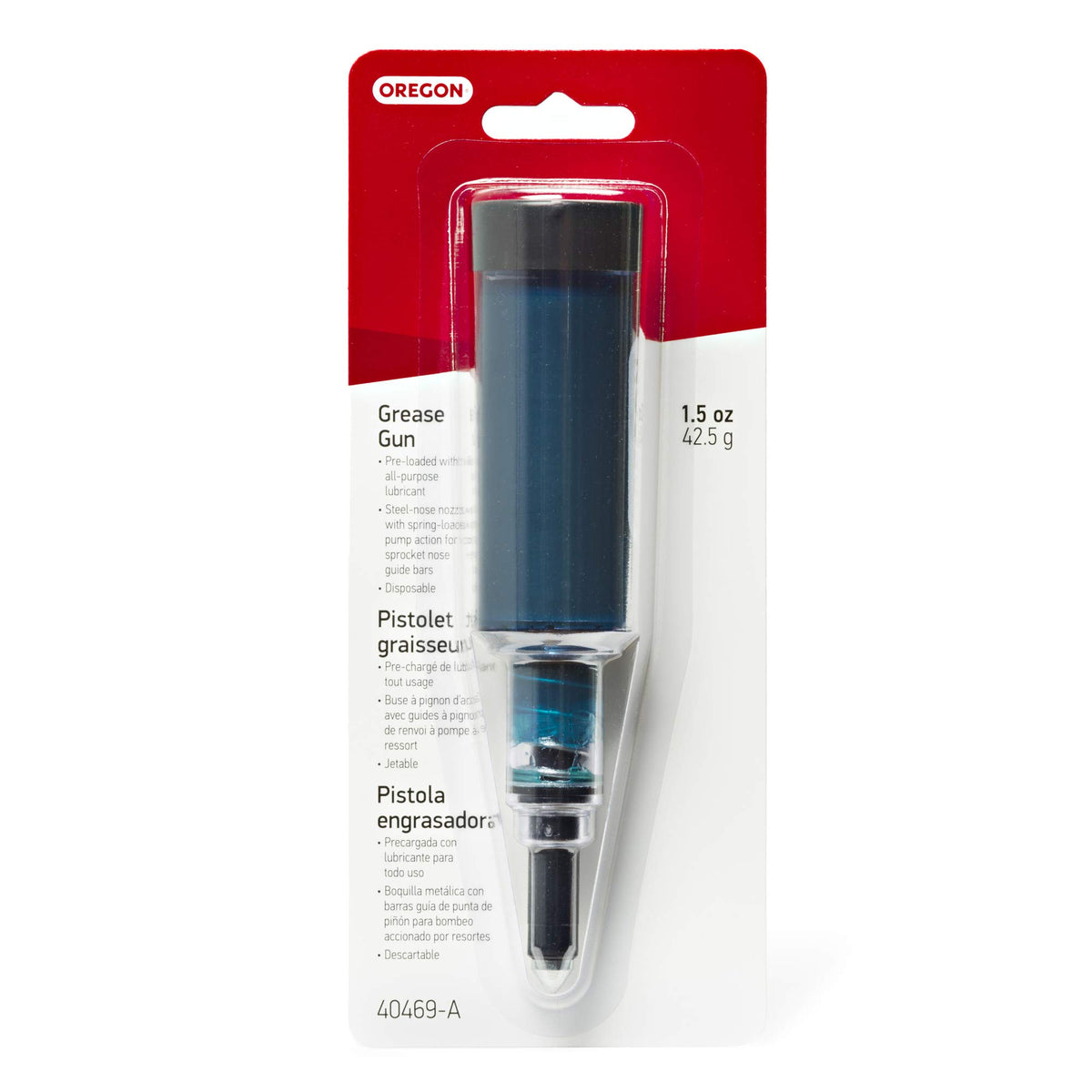 Oregon 40469-A one-hand operation design supports controlled lubrication on the job.