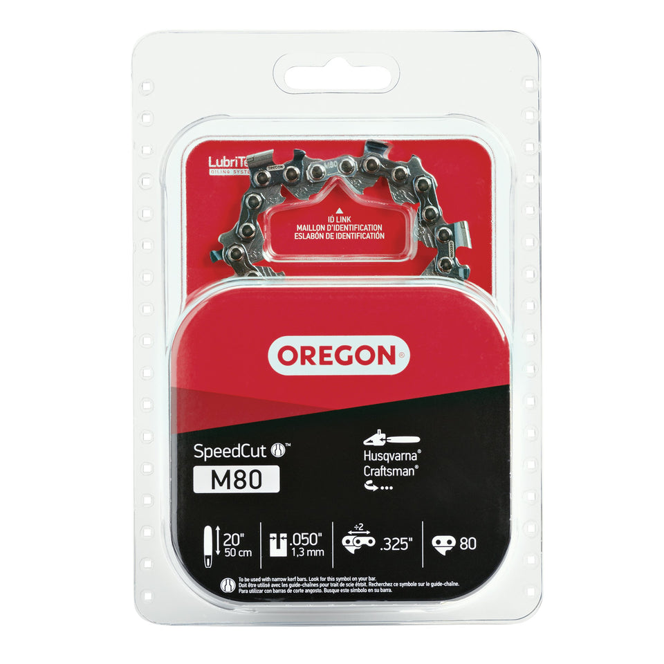 Oregon M80 SpeedCut 20-inch chain on bar enabling smooth cuts