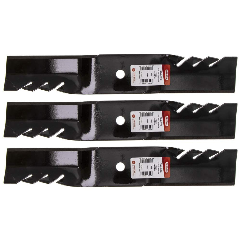 Oregon Gator G5 mower blade close-up showing sharp edge and durable construction