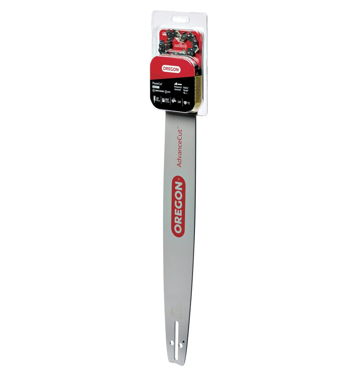 Oregon PowerCut multi-rivet nose enhances bar durability and control.