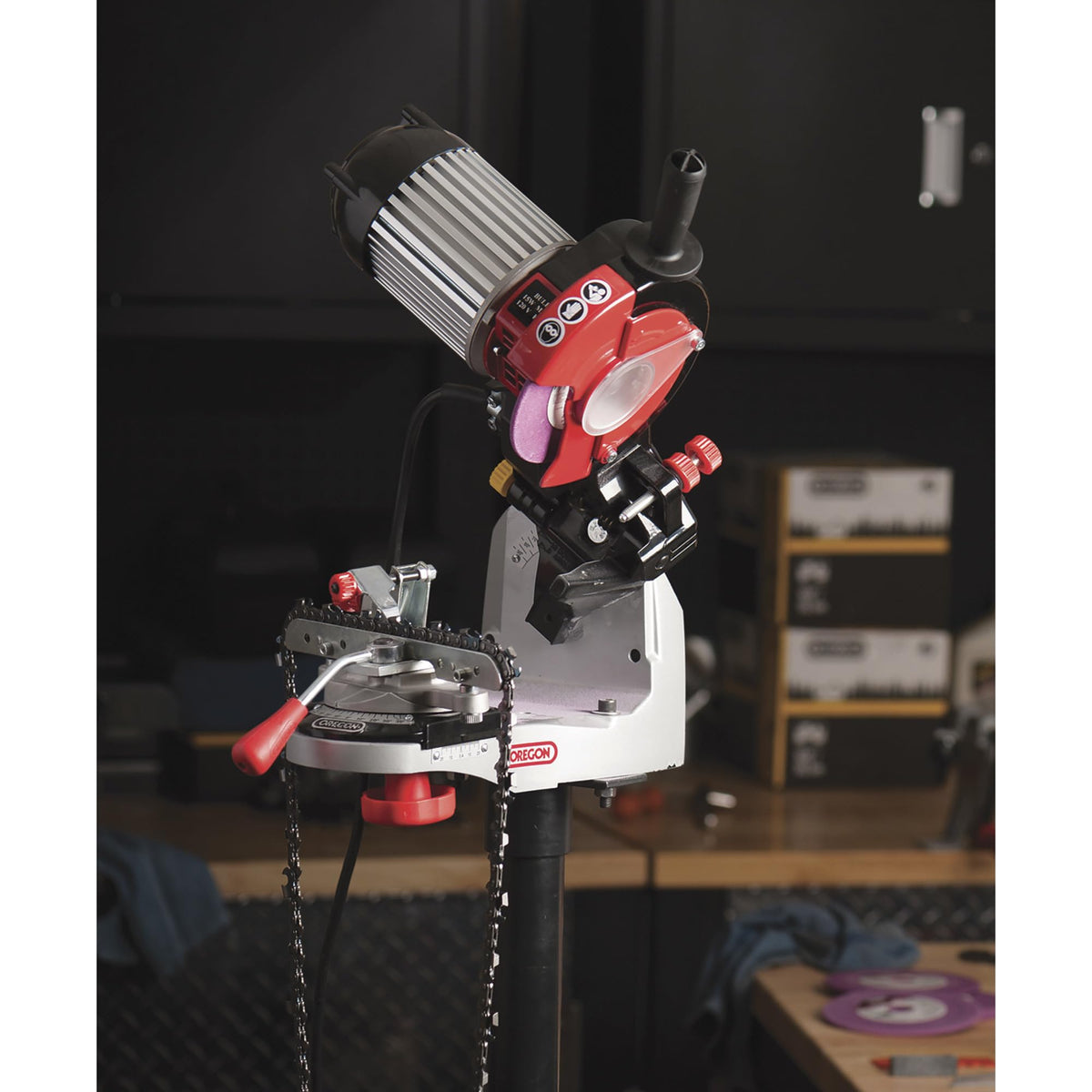 Oregon Professional bench grinder side view showing bench or wall mounting flexibility.
