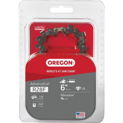 Oregon R28F Polesaw Chain close-up showing precision Chamfer Chisel teeth for smooth cuts